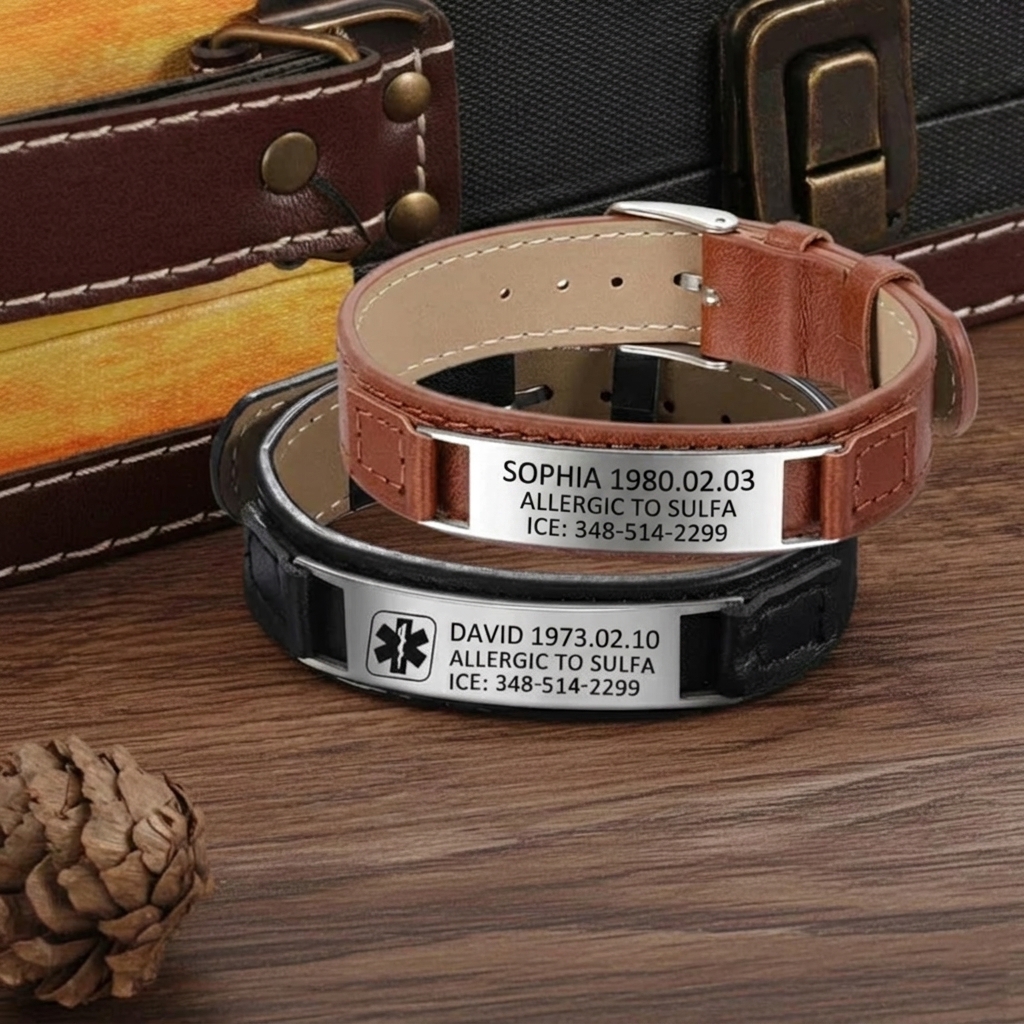 Personalized Adjustable Medical Alert ID Bracelet for Men - Engraved Leather & Steel - Emergency Contact SOS Medic