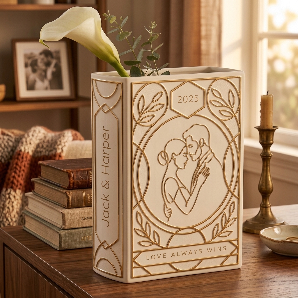 Personalized Engagement Ceramic Book Vase, Wedding Vase Gift, Custom Couple Name Book Vase,Gift for Newlyweds, Wedding Anniversary Gift for Couple