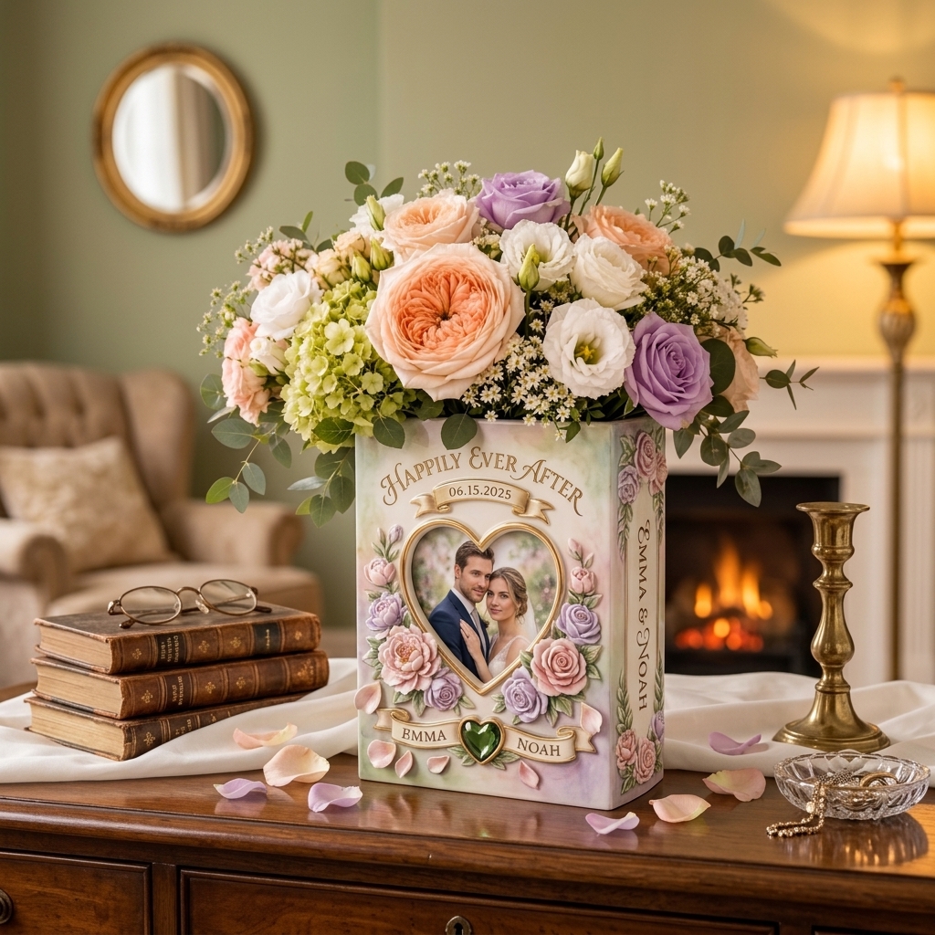 Personalized Engagement Ceramic Book Vase, Wedding Vase Gift, Custom Couple Name Book Vase,Gift for Newlyweds, Wedding Anniversary Gift for Couple
