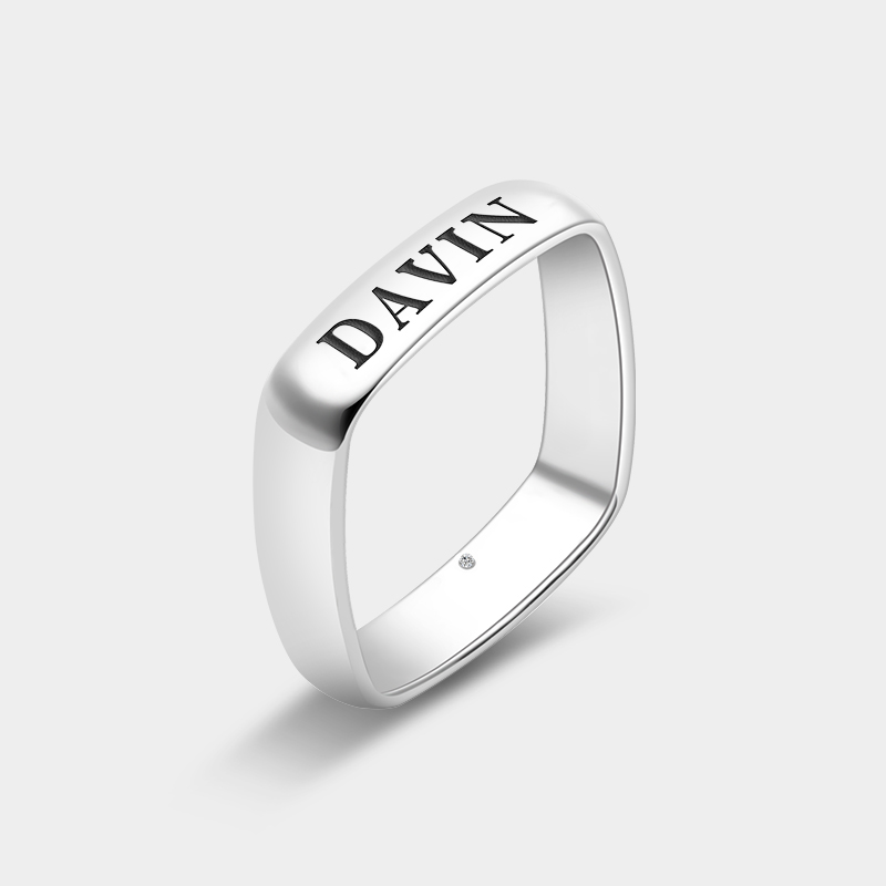 Personalized Sterling Silver Square Ring with Birthstone and Engraved Name Unique Custom Sterling Silver Jewelry