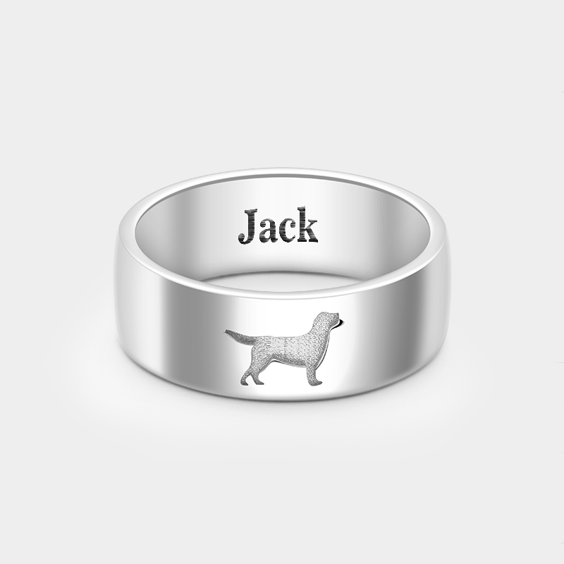 Personalized Wide Band Dog Silhouette Ring with Engraved Name Unique Jewelry for Dog Lovers in Sterling Silver