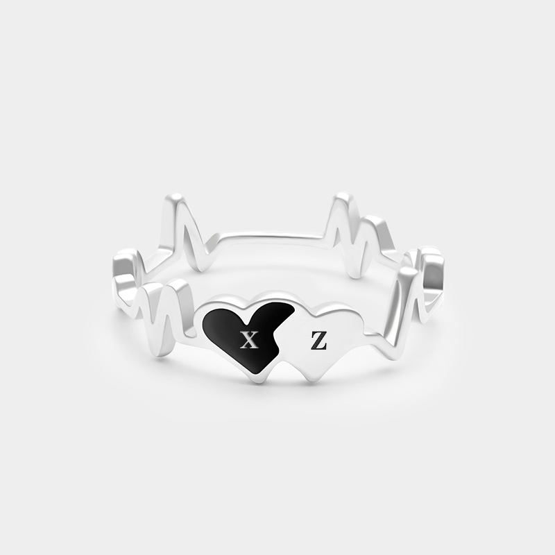 Personalized Irregular Heartbeat Ring with Couple's Initials Unique Sterling Silver Jewelry for Lovers
