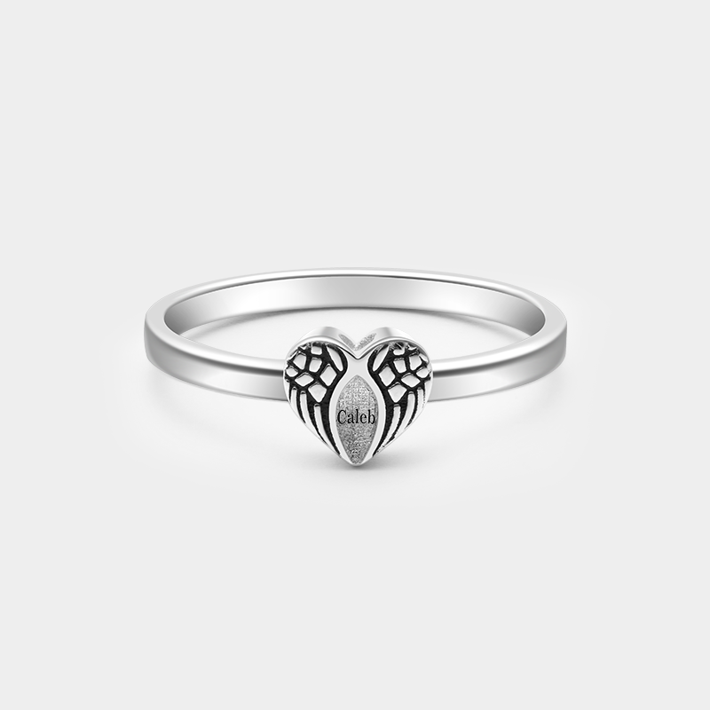 Personalized Angel Wing Heart Ring with Engraved Name Sterling Silver Memorial Jewelry