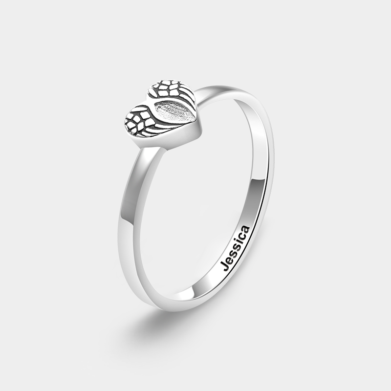 Personalized Angel Wing Heart Ring with Engraved Name Sterling Silver Memorial Jewelry