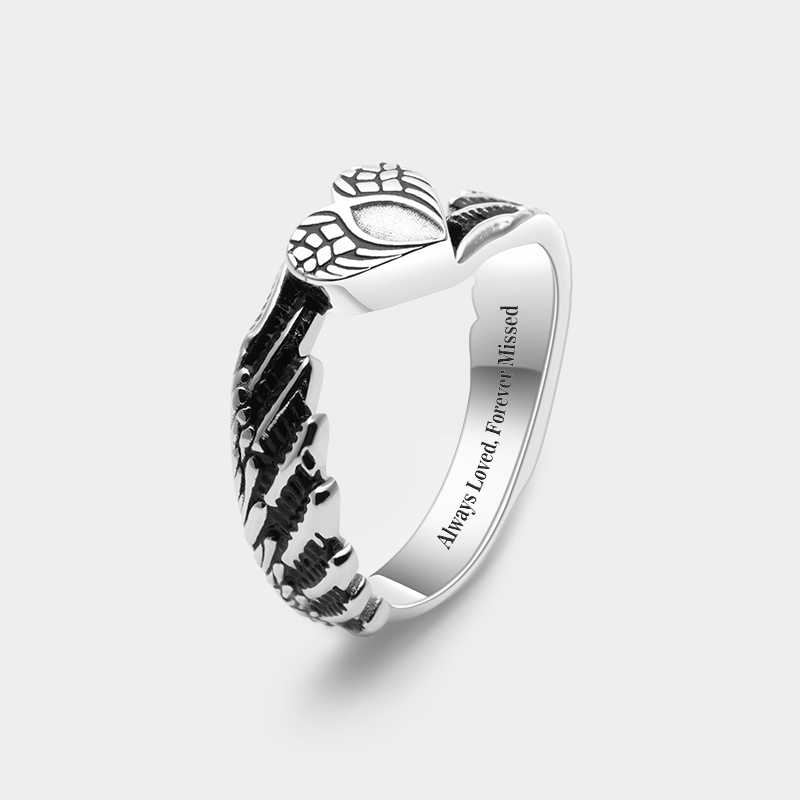Personalized Angel Wing Wrapped Heart Ring with Engraved Message Personalized Sterling Silver Memorial Jewelry