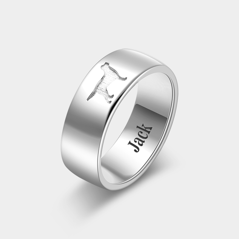Personalized Wide Band Dog Silhouette Ring with Engraved Name Unique Jewelry for Dog Lovers in Sterling Silver