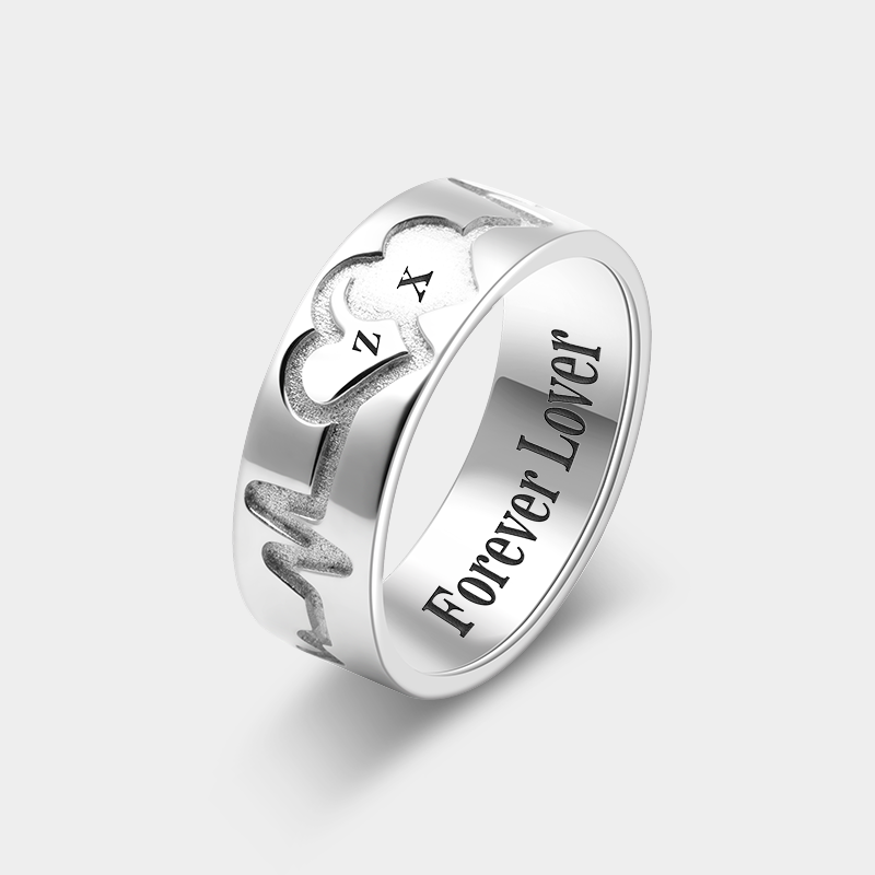 Personalized Sterling Silver Heartbeat Ring with Initials and Message Custom Romantic Sterling Silver Jewelry for Lovers