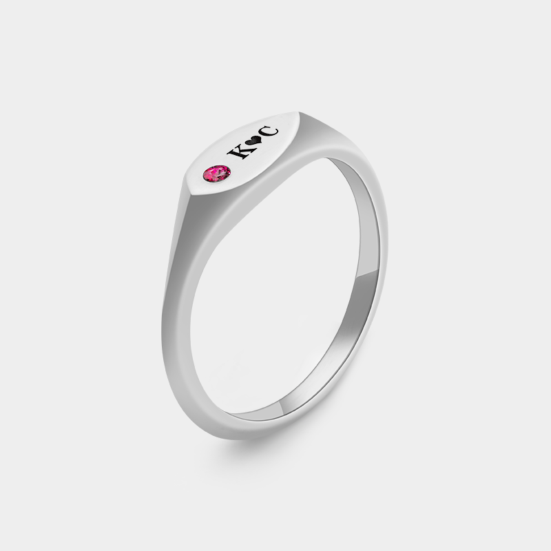 Personalized Teardrop Signet Ring with Birthstone and Couple's Initials Custom Sterling Silver Jewelry for Lovers