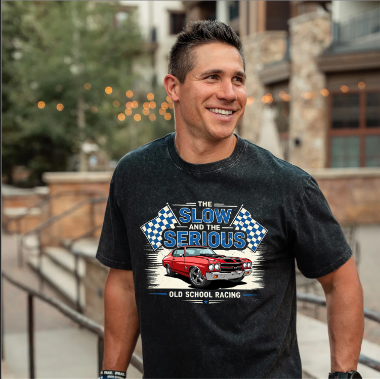 Personalized Retro Washed Cotton Racing T-Shirt Muscle Car "The Slow and The Serious" Graphic Tee, Vintage Checkered Flag Auto Enthusiast Shirt