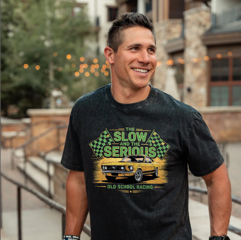 Personalized Retro Washed Cotton Racing T-Shirt Muscle Car "The Slow and The Serious" Graphic Tee, Vintage Checkered Flag Auto Enthusiast Shirt