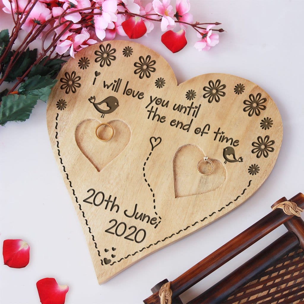 Personalized Heart Shaped Wooden Ring Dish Engraved I Will Love You Until The End Of Time Quote Custom Date Ring Holder for Wedding Gifts