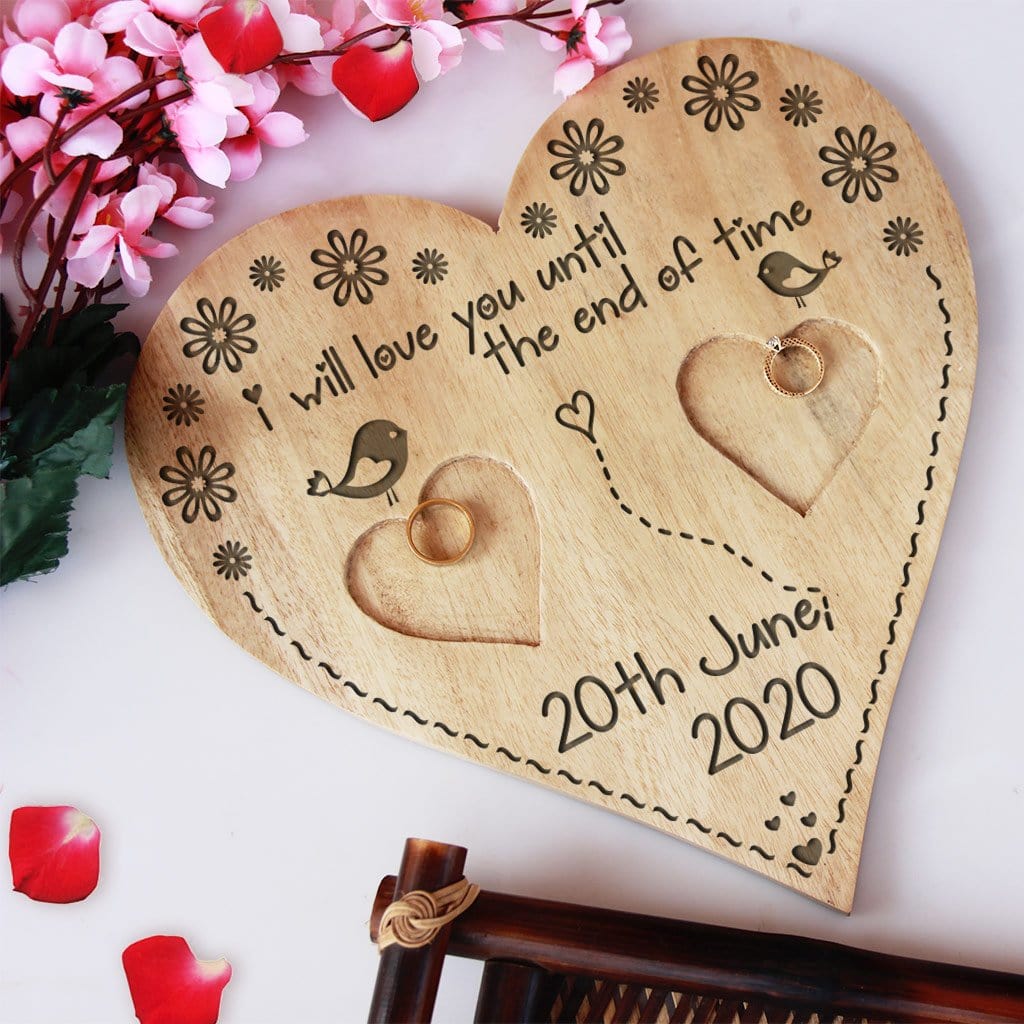 Personalized Heart Shaped Wooden Ring Dish Engraved I Will Love You Until The End Of Time Quote Custom Date Ring Holder for Wedding Gifts