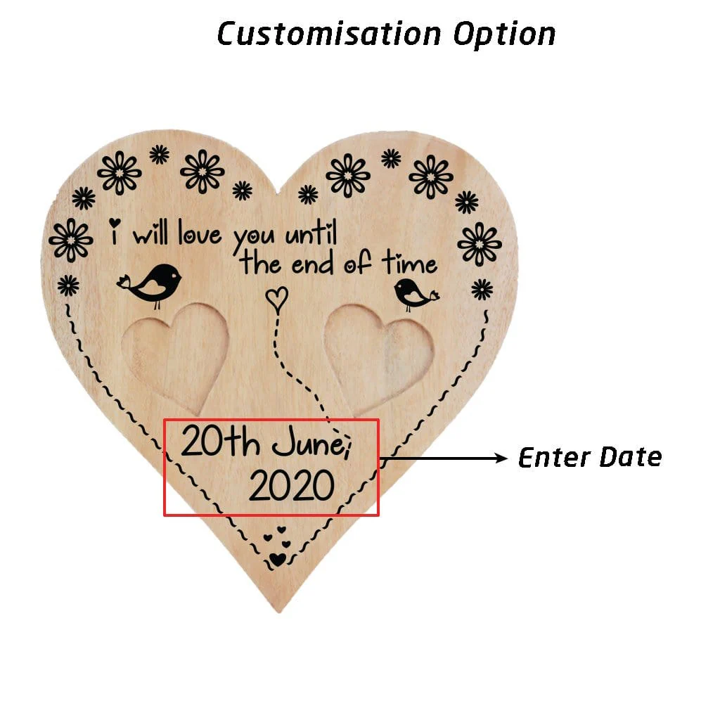 Personalized Heart Shaped Wooden Ring Dish Engraved I Will Love You Until The End Of Time Quote Custom Date Ring Holder for Wedding Gifts
