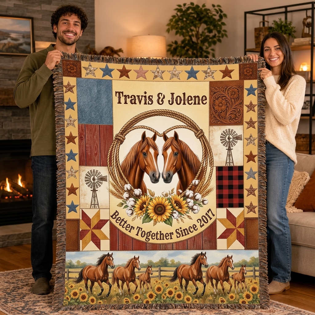 Personalized Couple Tassel Soft Throw Blanket with Name Bedroom Housewarming Anniversary Gift for Couple Horse Owner