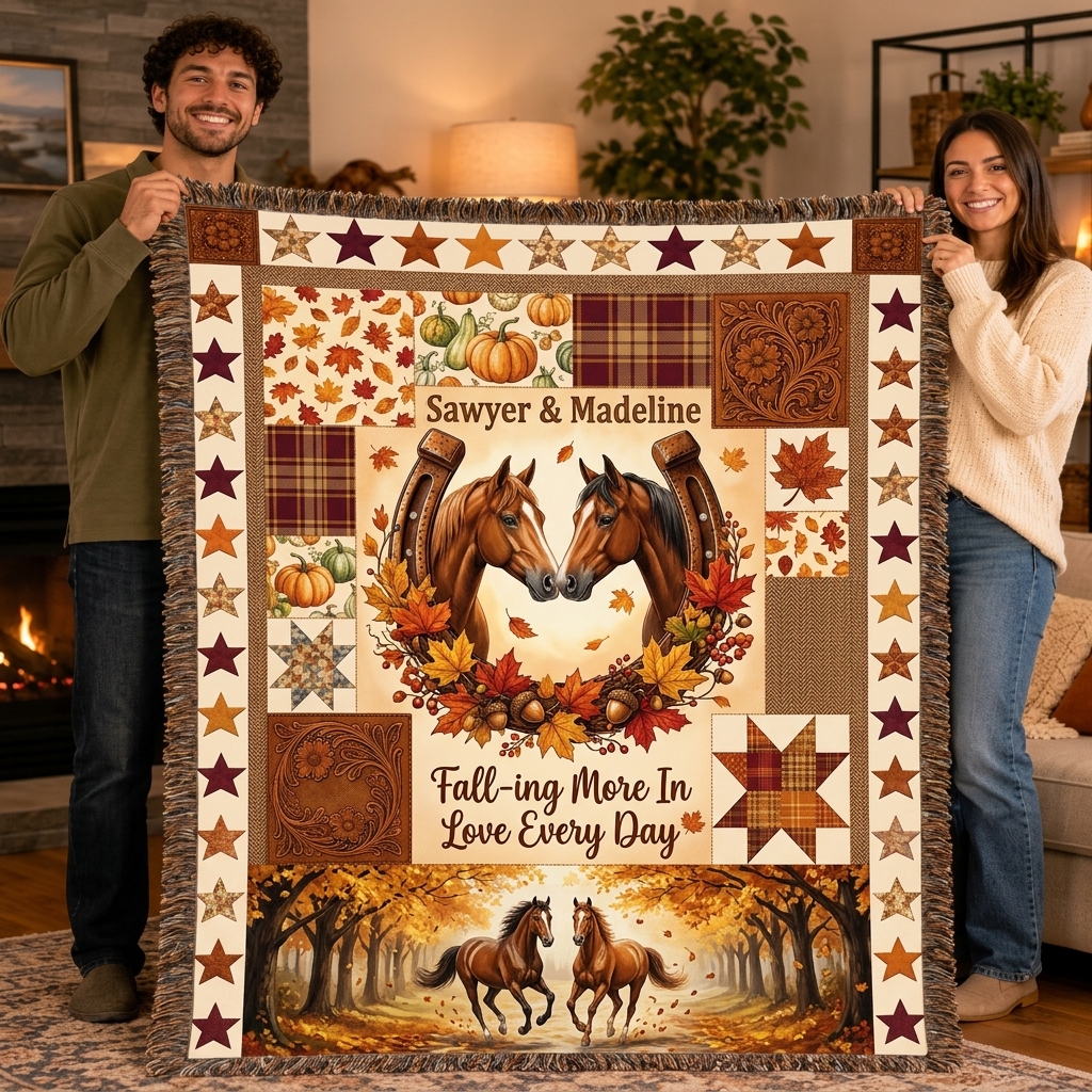 Personalized Couple Tassel Soft Throw Blanket with Name Bedroom Housewarming Anniversary Gift for Couple Horse Owner