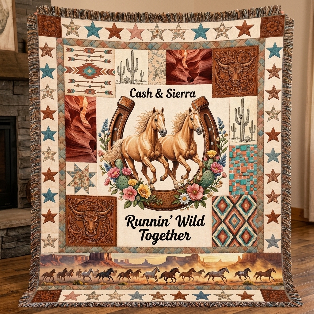 Personalized Horse Couple Tassel Soft Throw Blanket with Name Bedroom Housewarming Anniversary Gift for Couple Horse Owner