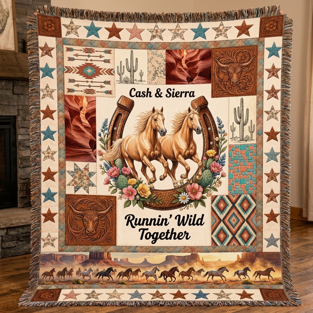 Personalized Horse Couple Tassel Soft Throw Blanket with Name Bedroom Housewarming Anniversary Gift for Couple Horse Owner
