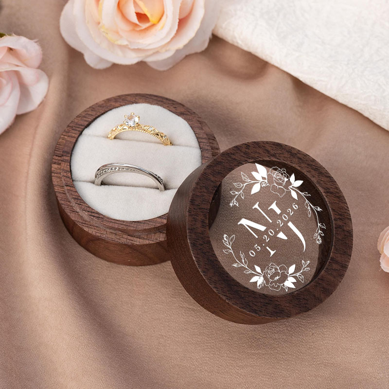 Personalized Couple Wedding Birth Floral Wreath Wood Ring Box Newlyweds Initial Ring Box with Acrylic Cover Engaged Date Ring Holder Husband Wife Gift