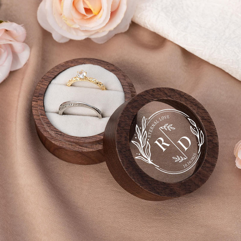 Personalized Couple Eternal Love Round Wreath Wedding Wooden Ring Box Newlywed Ring Box with Acrylic Cover Engagement Ring Box Husband Wife Ring Box