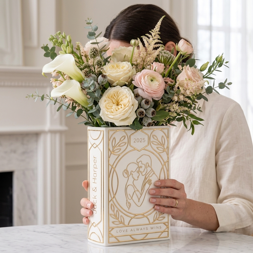 Personalized Engagement Ceramic Book Vase, Wedding Vase Gift, Custom Couple Name Book Vase,Gift for Newlyweds, Wedding Anniversary Gift for Couple