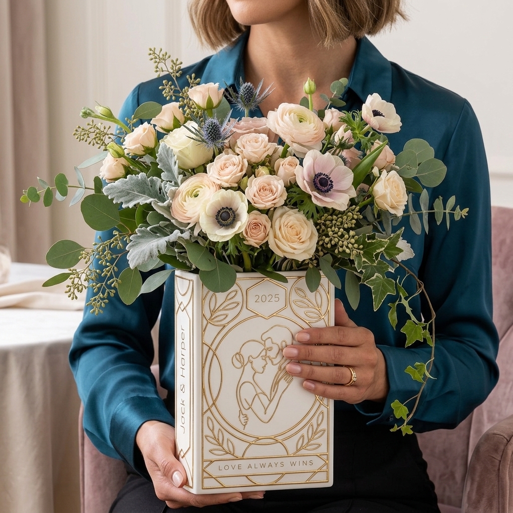 Personalized Engagement Ceramic Book Vase, Wedding Vase Gift, Custom Couple Name Book Vase,Gift for Newlyweds, Wedding Anniversary Gift for Couple