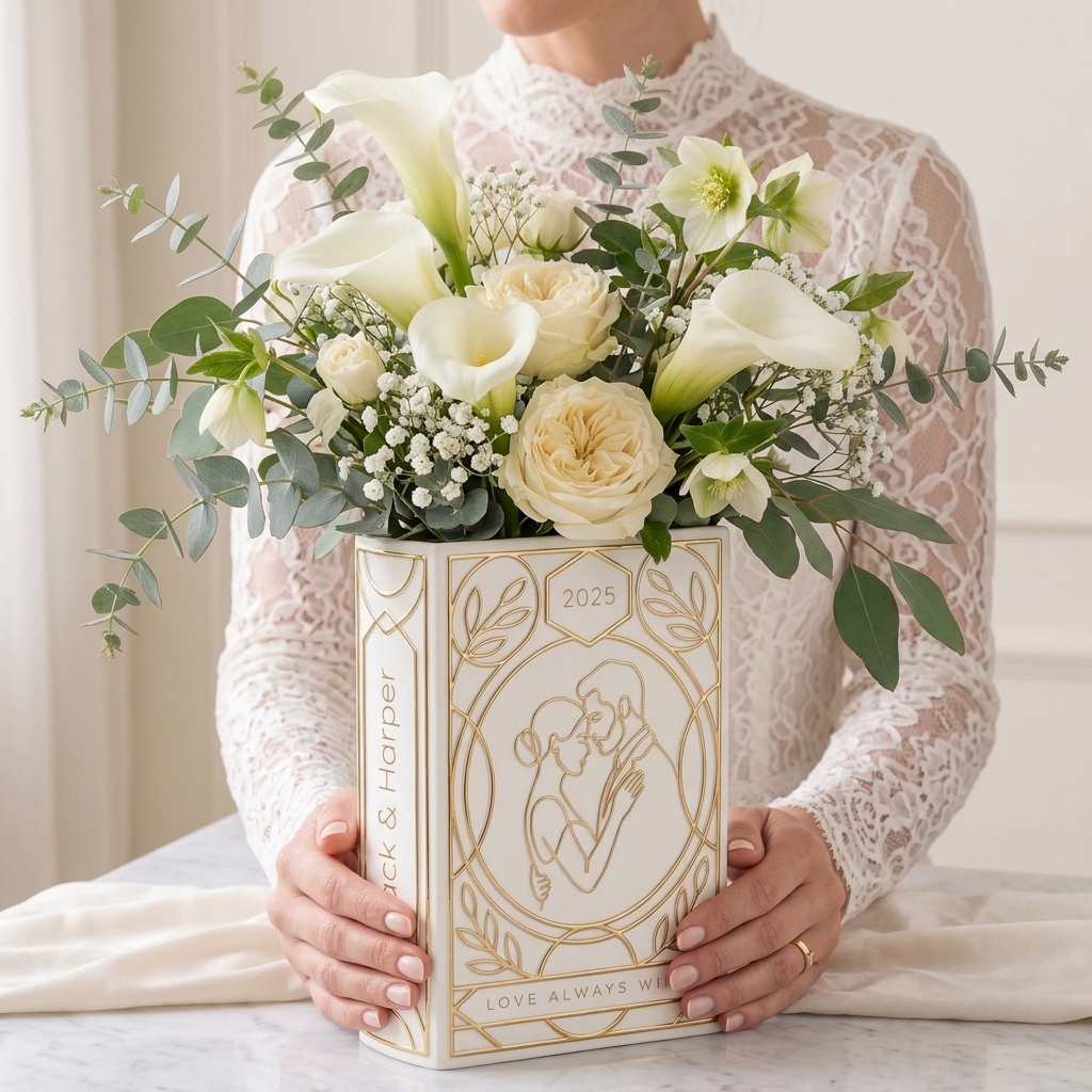 Personalized Engagement Ceramic Book Vase, Wedding Vase Gift, Custom Couple Name Book Vase,Gift for Newlyweds, Wedding Anniversary Gift for Couple