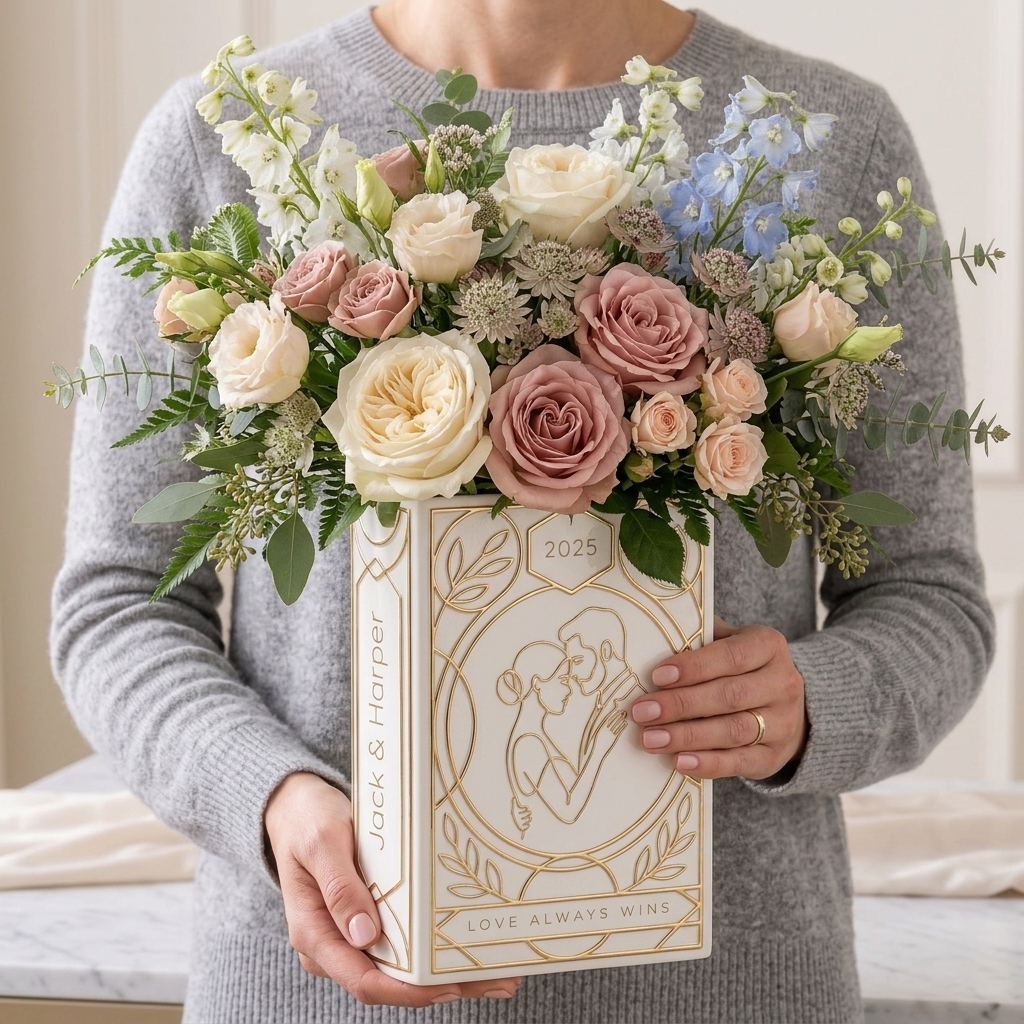 Personalized Engagement Ceramic Book Vase, Wedding Vase Gift, Custom Couple Name Book Vase,Gift for Newlyweds, Wedding Anniversary Gift for Couple