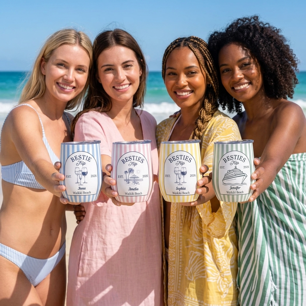 Personalized Bestie Trip 2026 Wine Tumbler, Custom Beach Vacation Cup, Matching Group Travel Gift, Summer Friends Keepsake