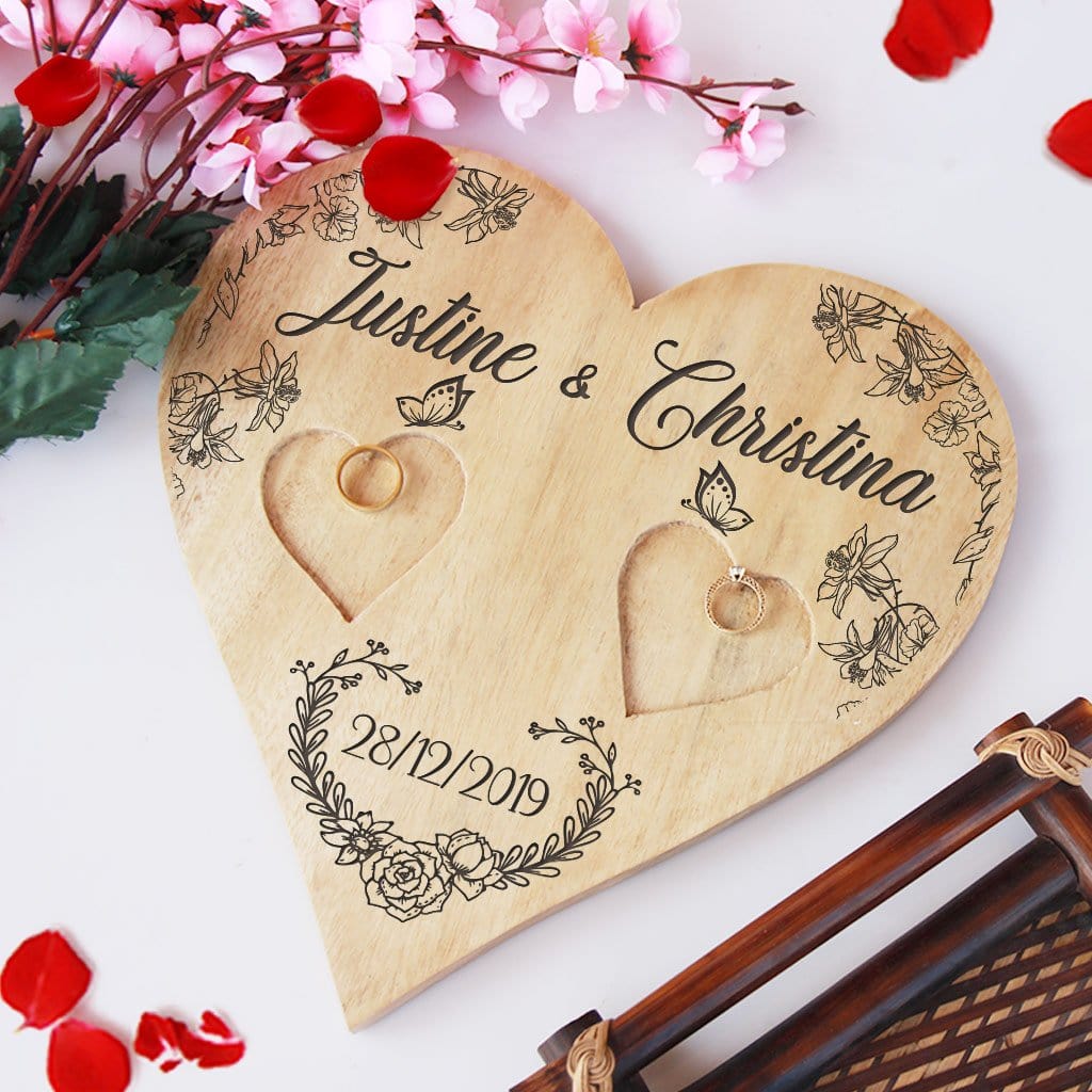 Personalized Heart Shaped Wooden Ring Dish Custom Couple Names and Date Ring Holder for Wedding Engagement and Anniversary Gifts