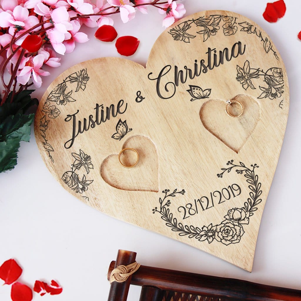Personalized Heart Shaped Wooden Ring Dish Custom Couple Names and Date Ring Holder for Wedding Engagement and Anniversary Gifts