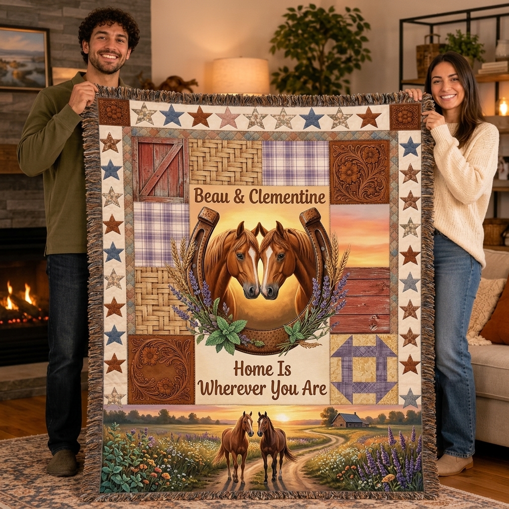 Personalized Home Is Whrer You Are Tassel Soft Throw Blanket with Name Bedroom Housewarming Anniversary Gift for Couple Horse Owner