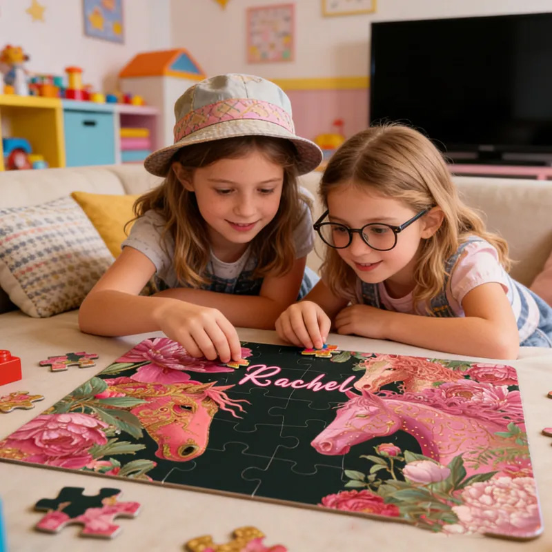 Personalised Children Name Puzzle Kids Custom Floral Star Horse ABC Jigsaw Educational Gift for Riding Lovers Equestrian Lovers