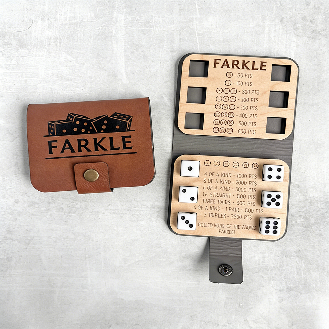 Mini Farkle Dice Game Set Wood Score Board Leather Case Travel Pocket Game  Gift for Him