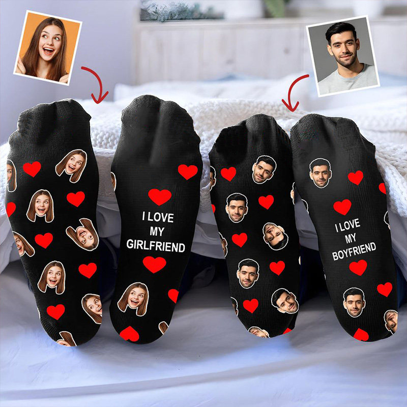 Personalized Love Heart Couple Face Photo Socks Valentine's Day Socks for Husband Wife Boyfriend Girlfriend