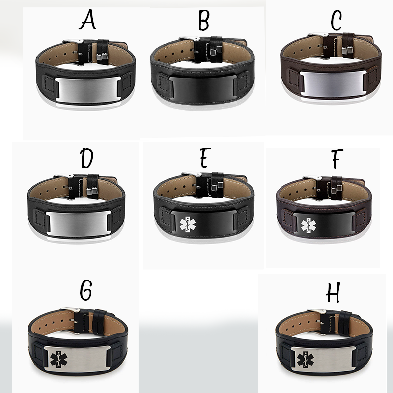 Personalized Adjustable Medical Alert ID Bracelet for Men - Engraved Leather & Steel - Emergency Contact SOS Medic