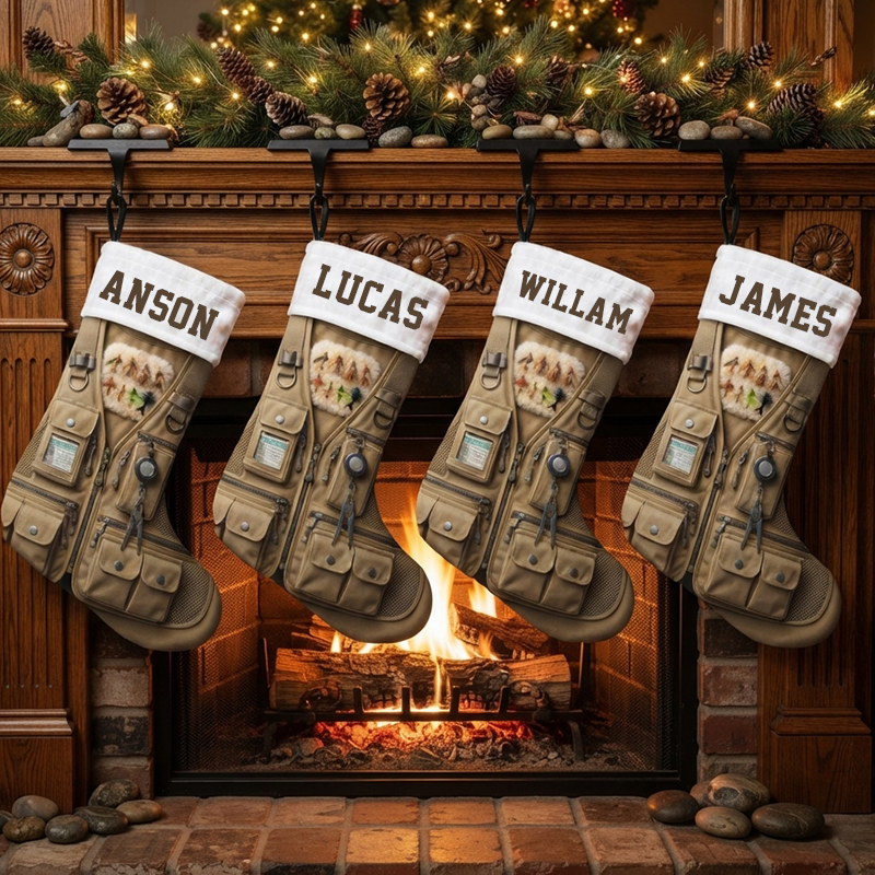 Personalized Fly Fishing Vest Christmas Stocking, Custom Name Fishing Tackle Print Xmas Stocking with White Sherpa Cuff, Lake House Christmas Decor Gift for Fisherman Angler