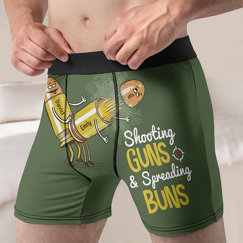 Personalized Man Shooting Guns & Spreading Buns Boxer Brief Custom Men Bullet Pattern Underwear with Name Valentines Day Gift for Boyfriend Husband