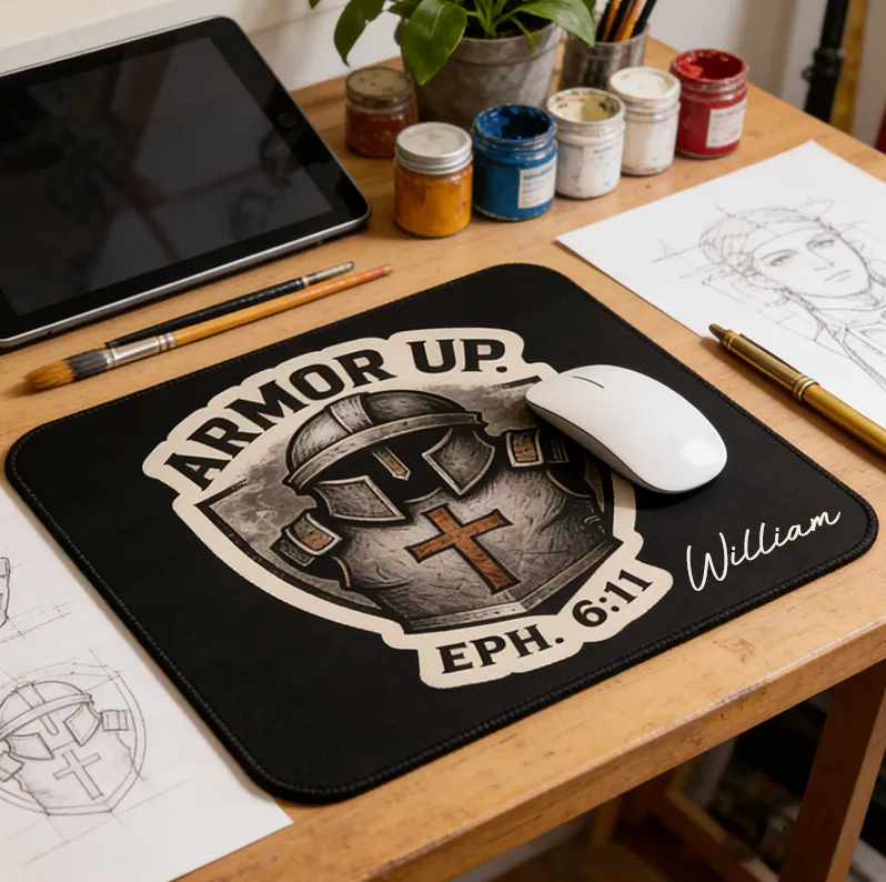 Personalized Armor Up Mouse Pad with Custom Name Christian Knight Helmet and Shield Mouse Pad Religious Gift Christian Gift for him
