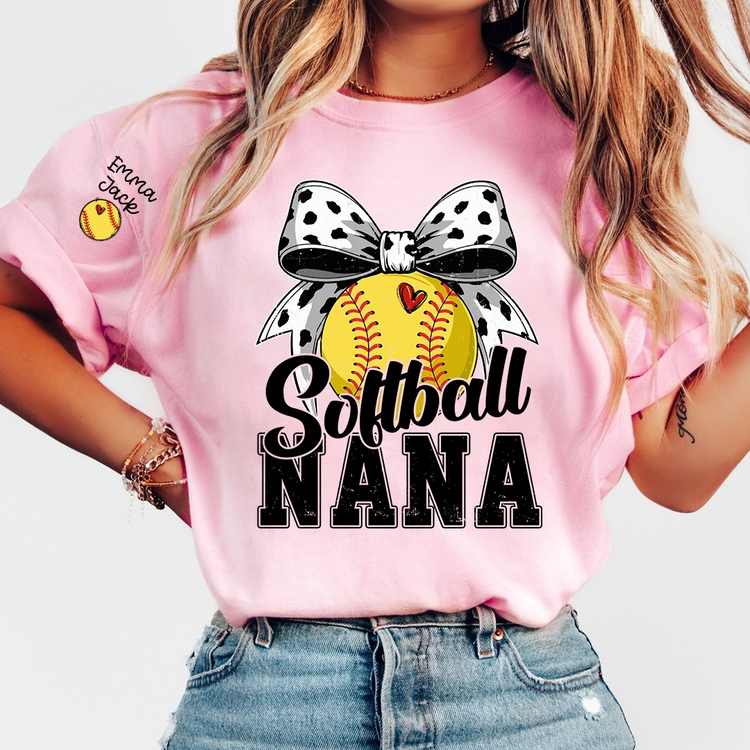 Personalized Softball Nana Shirt – Custom Grandma T‑Shirt with Bow and Name, Gift for Proud Softball Grandma