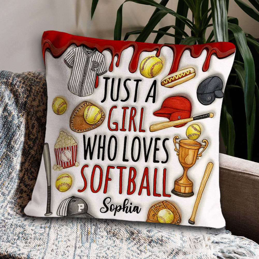 Personalized "Just a Girl Who Loves Softball" Throw Pillow with Sports Icons and Custom Name for Softball Enthusiasts   
