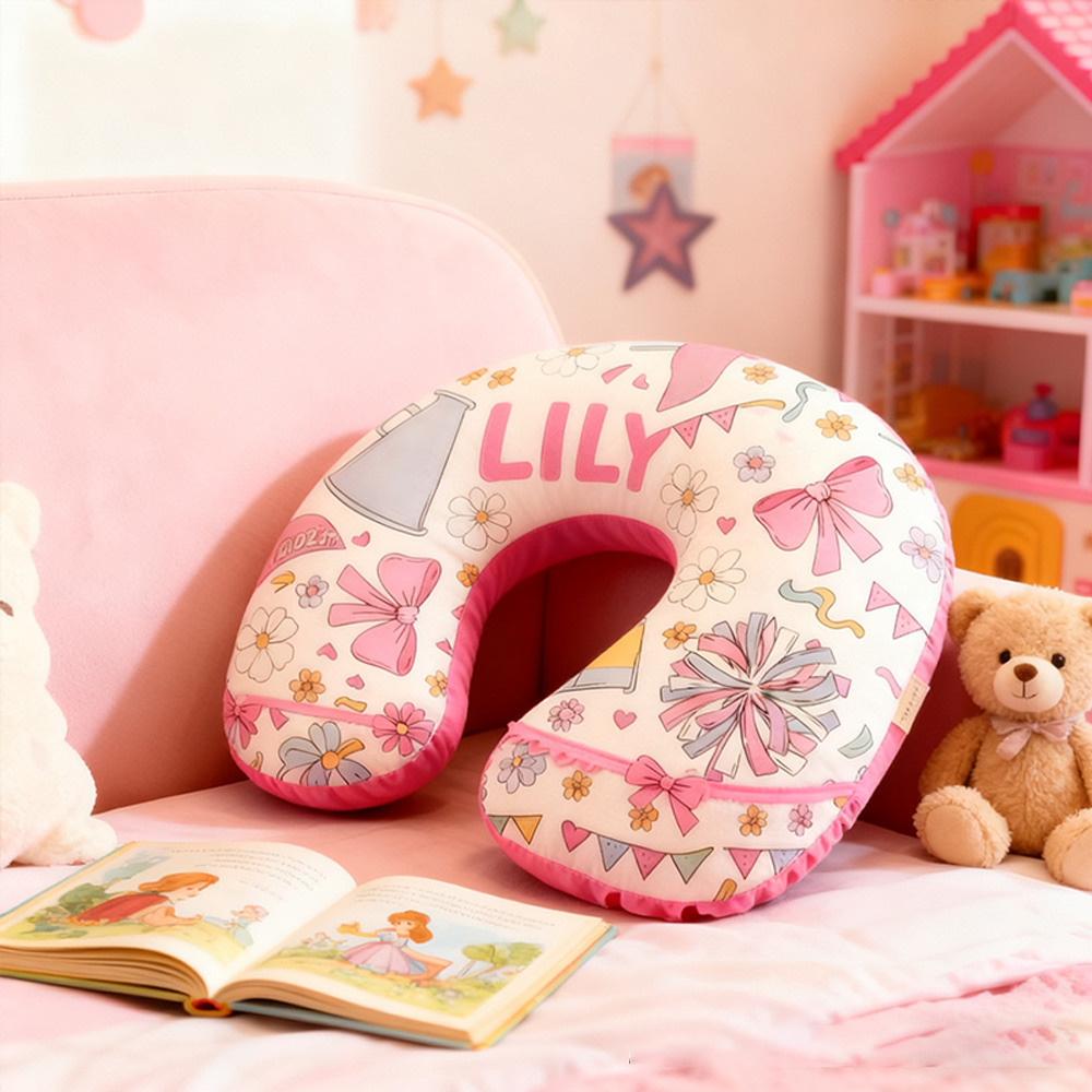 Personalized Cheerleader-Themed U-Shaped Pillow with Custom Name and Cute Design