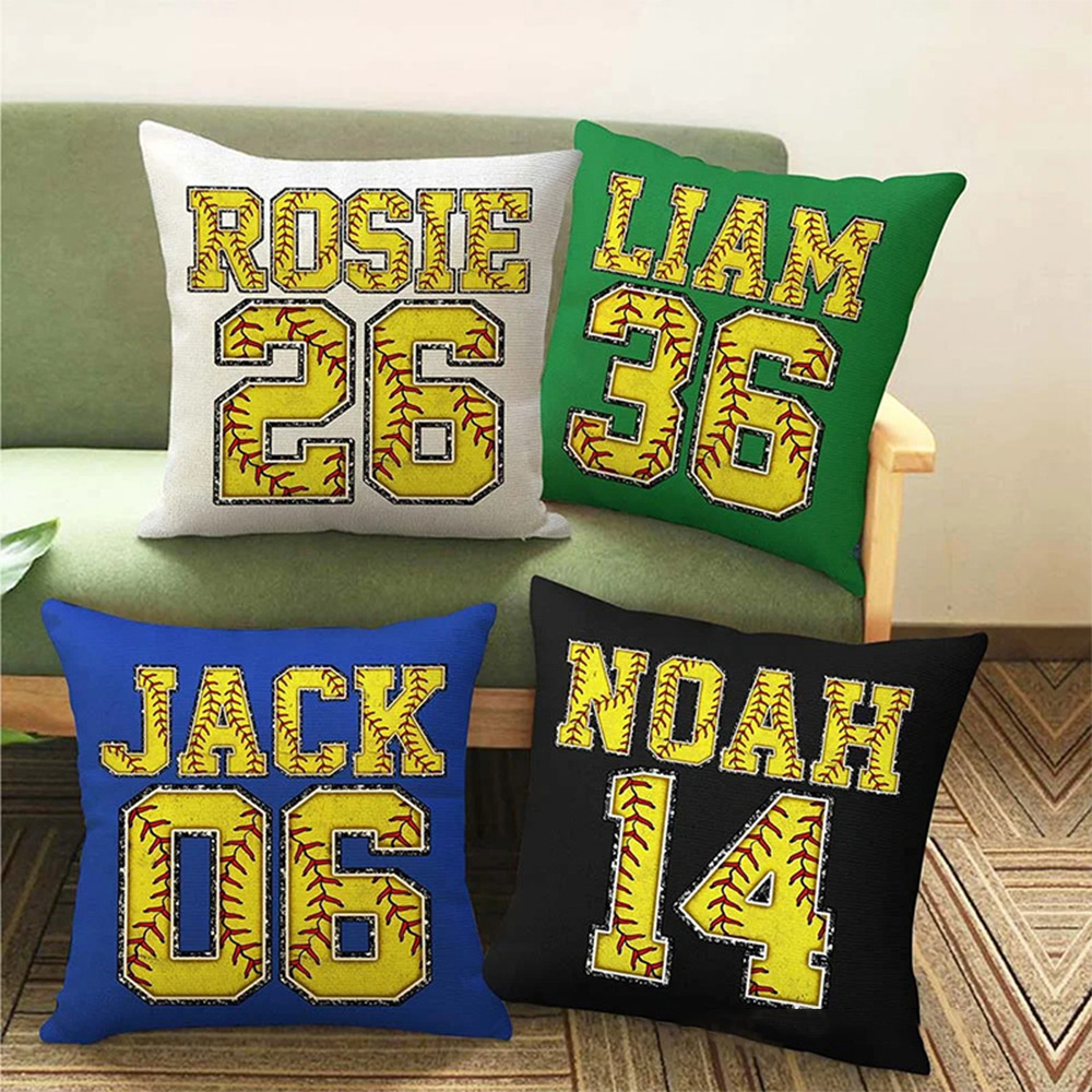 Personalized Multicolor Softball Throw Pillow with Custom Name and Number 
