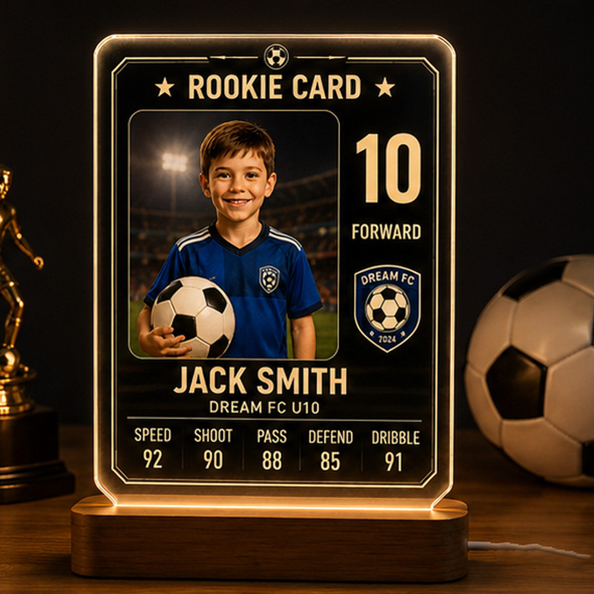 Personalized Rookie Soccer Card LED Night Light for Kids – Custom Photo, Name, Number & Stats