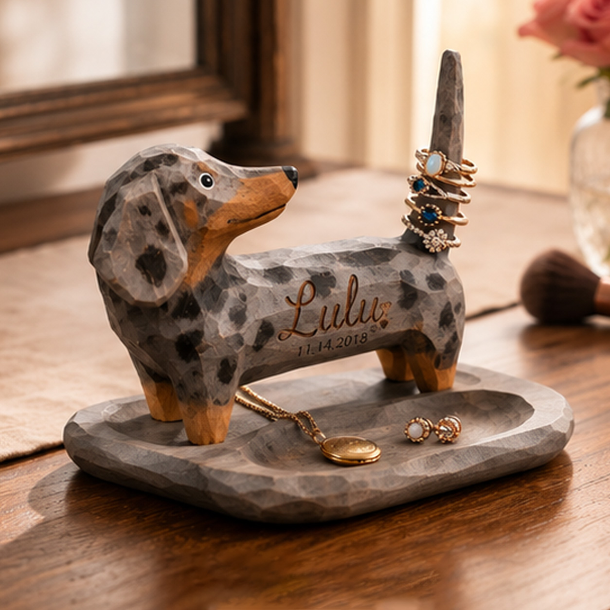 Personalized Dachshund Ring Holder – Custom Name Sausage Dog Jewelry Stand