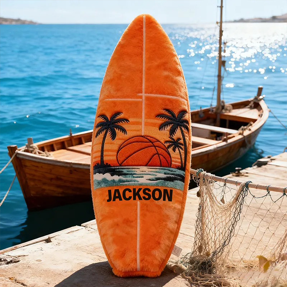 Personalized Surfboard Basketball Pillow with Custom Name for Beach Lovers and Basketball Lovers