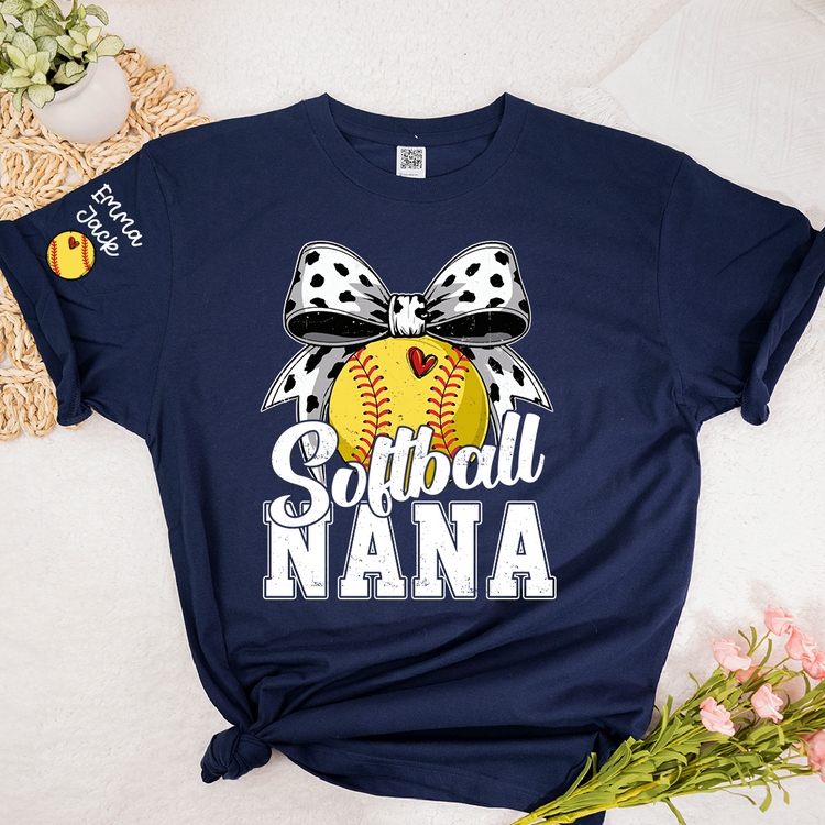 Personalized Softball Nana Shirt – Custom Grandma T‑Shirt with Bow and Name, Gift for Proud Softball Grandma