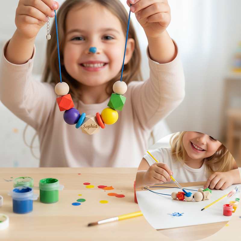 Personalized DIY Wooden Necklace Painting Kit for Kids Custom Name Necklace for Children Creative Craft for Ages 3+ Princess Jewelry DIY Craft