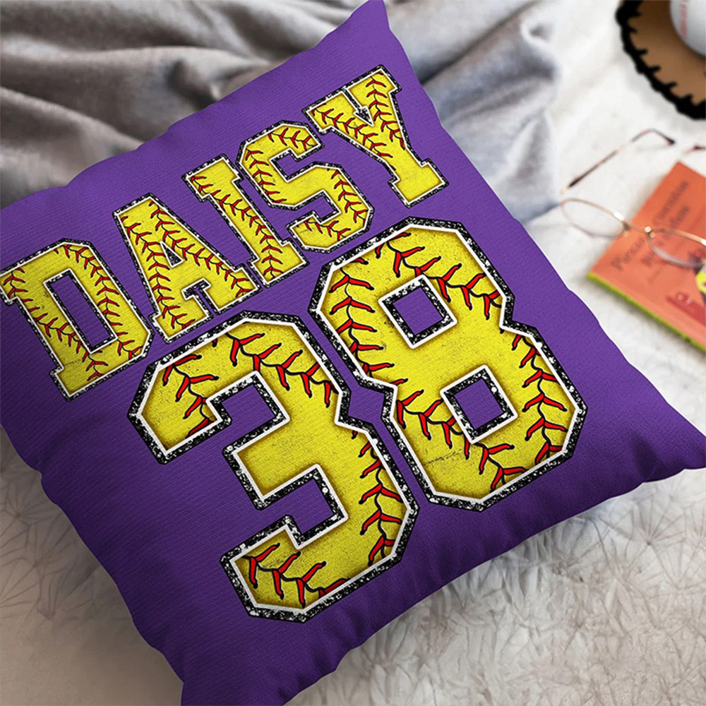 Personalized Multicolor Softball Throw Pillow with Custom Name and Number 