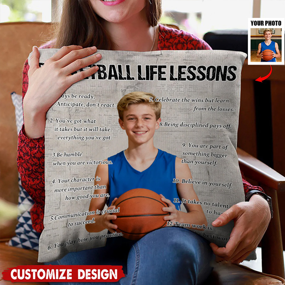 Personalized Basketball Life Lessons Pillow with Custom Photo and Inspirational Quotes
