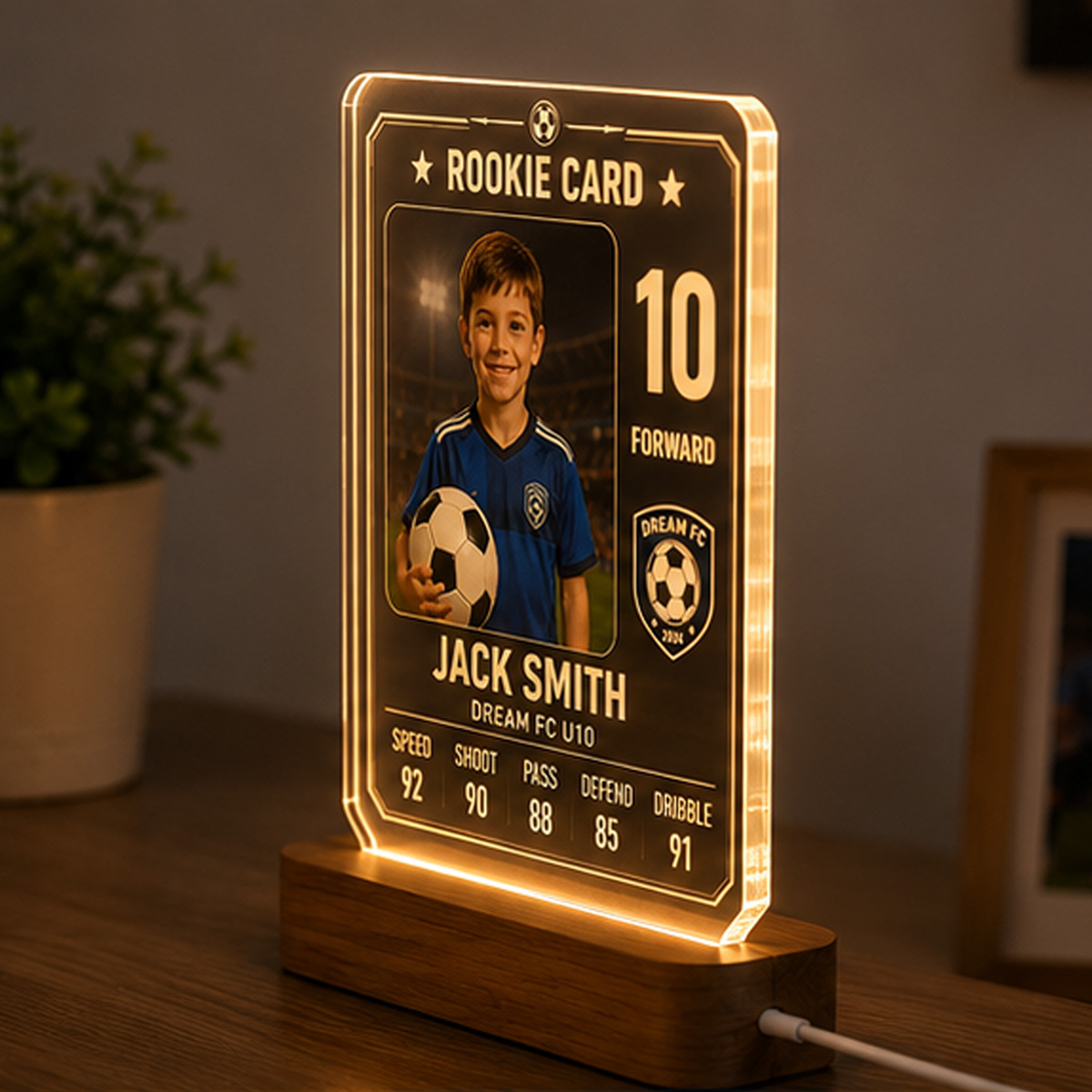 Personalized Rookie Soccer Card LED Night Light for Kids – Custom Photo, Name, Number & Stats